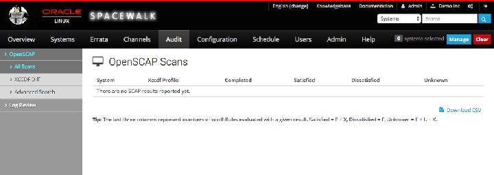 The image shows the OpenSCAP Scans page of the Spacewalk web interface.