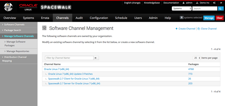 The image shows the Full Software Channel List page of the Spacewalk web interface.