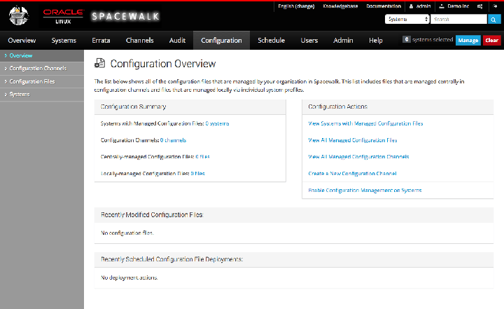 The image shows the Configuration Overview page of the Spacewalk web interface.