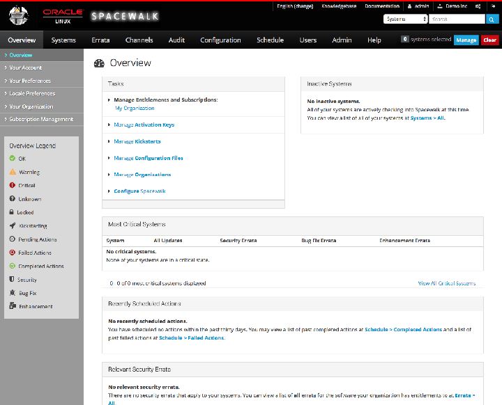 The image shows the Overview page or dashboard view of the Spacewalk web interface.