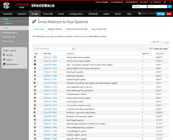 The image shows the Errata Relevant to Your Systems page of the Spacewalk web interface.