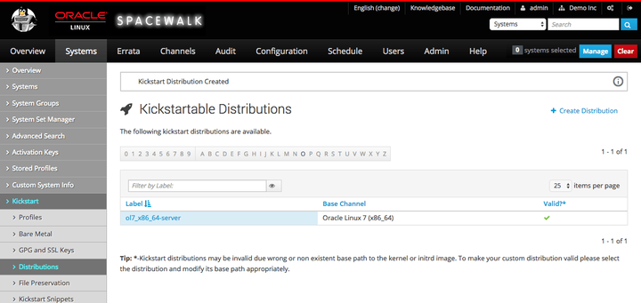 The image shows the Kickstartable Distributions page of the Spacewalk web interface.