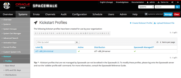 The image shows the Kickstartable Profiles page of the Spacewalk web interface.