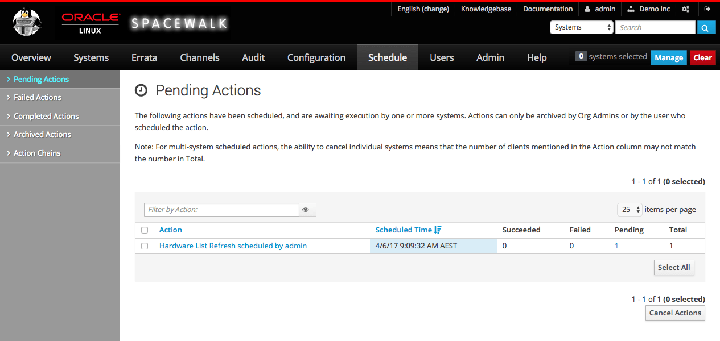 The image shows the Pending Actions page of the Spacewalk web interface.