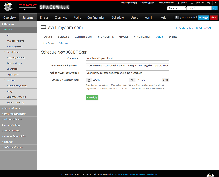 The image shows the Schedule New XCCDF Scan page of the Spacewalk web interface.