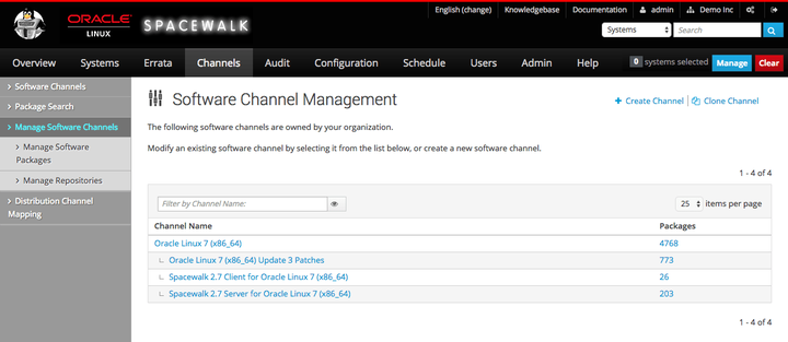 The image shows the Software Channel Management page of the Spacewalk web interface.