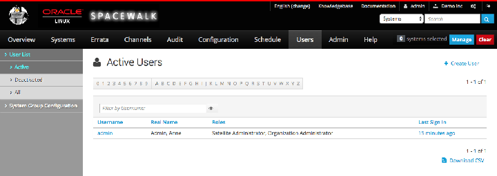 The image shows the Active Users page of the Spacewalk web interface.