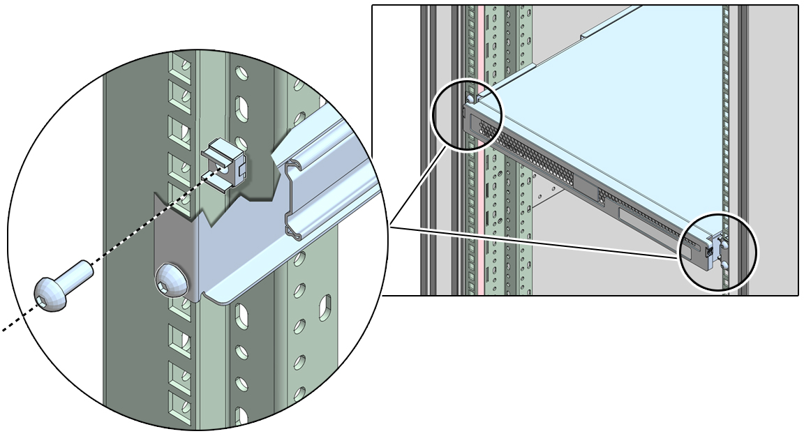 image:Figure showing how to use cage nuts to secure
                            equipment in the rack.