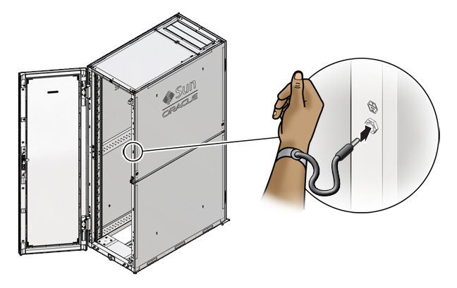 image:Picture shows antistatic strap attached to
                            wrist and to banana jack on cabinet.