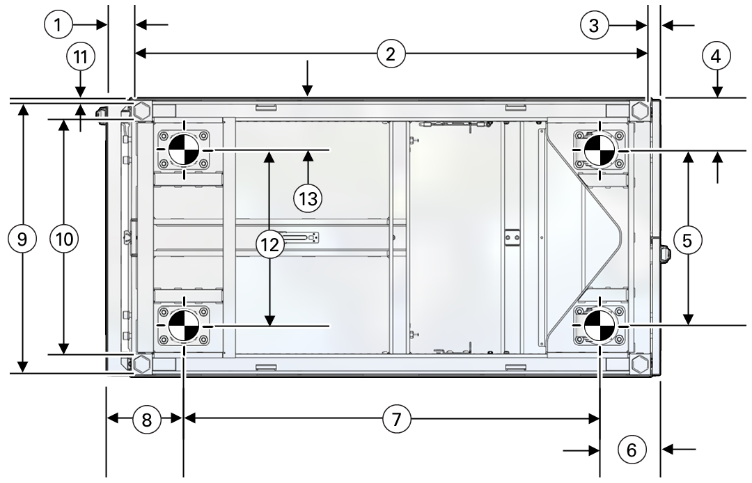 image:Figure showing the rack leveling feet and casters dimensions.
