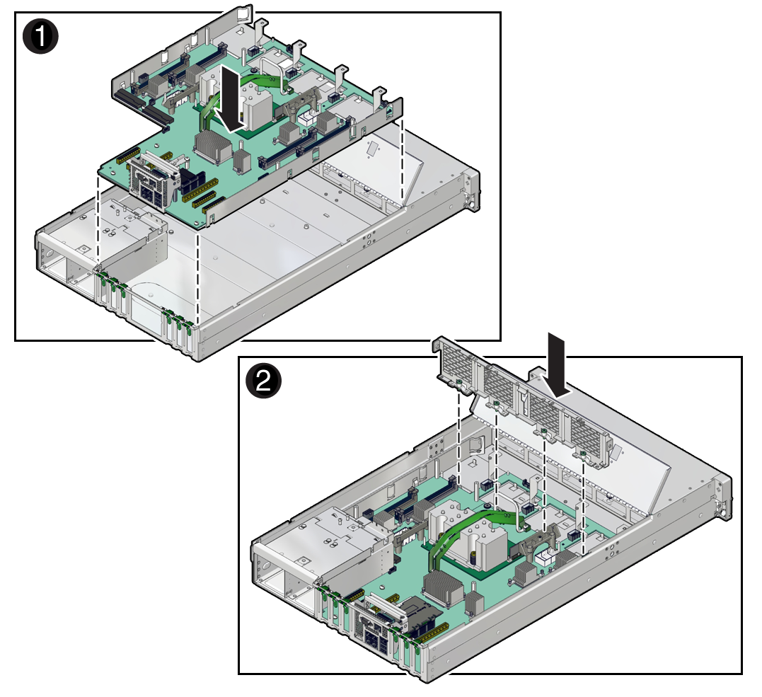 image:Figure showing how to install the motherboard, focusing on placing                             the motherboard and mid-wall in the server.