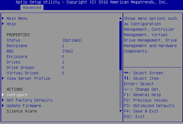 image:Screen showing the Main Menu of the Avago MegaRAID                                 Configuration Utility.