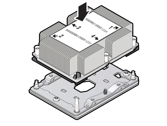 image:Figure showing the processor-heatsink module being lowered                                     onto the socket.