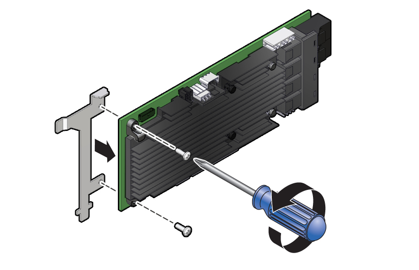 image:Figure showing how to remove the special fitted bracket from the                             internal HBA card.