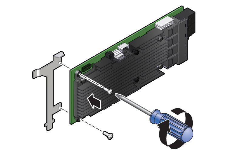 image:Figure showing how to install the special fitted bracket on to the                             replacement HBA card.