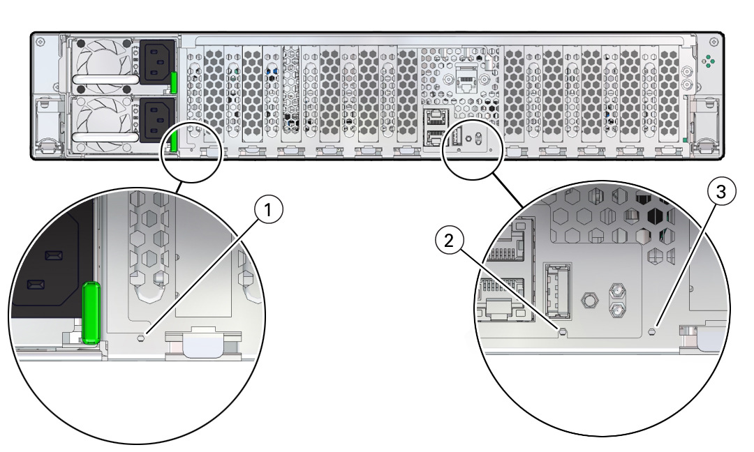 image:Figure showing the location of pinhole switches on the server back                         panel.