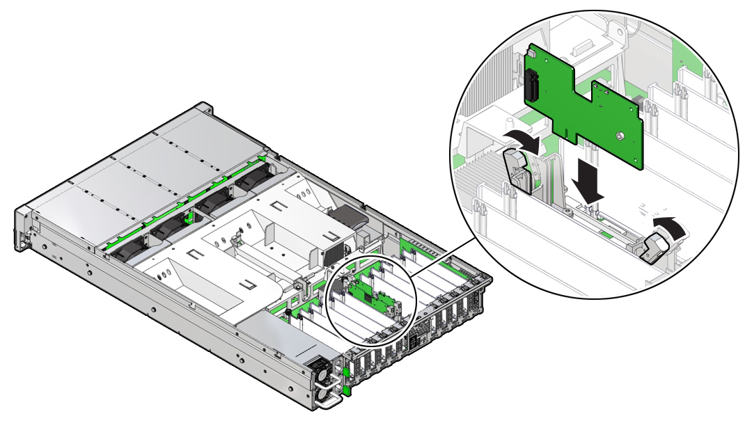 image:Figure showing an M.2 flash riser board being installed                                     into the server.