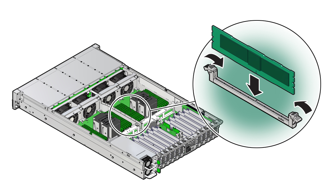 image:Figure showing a memory DIMM being installed into the                                     sever.