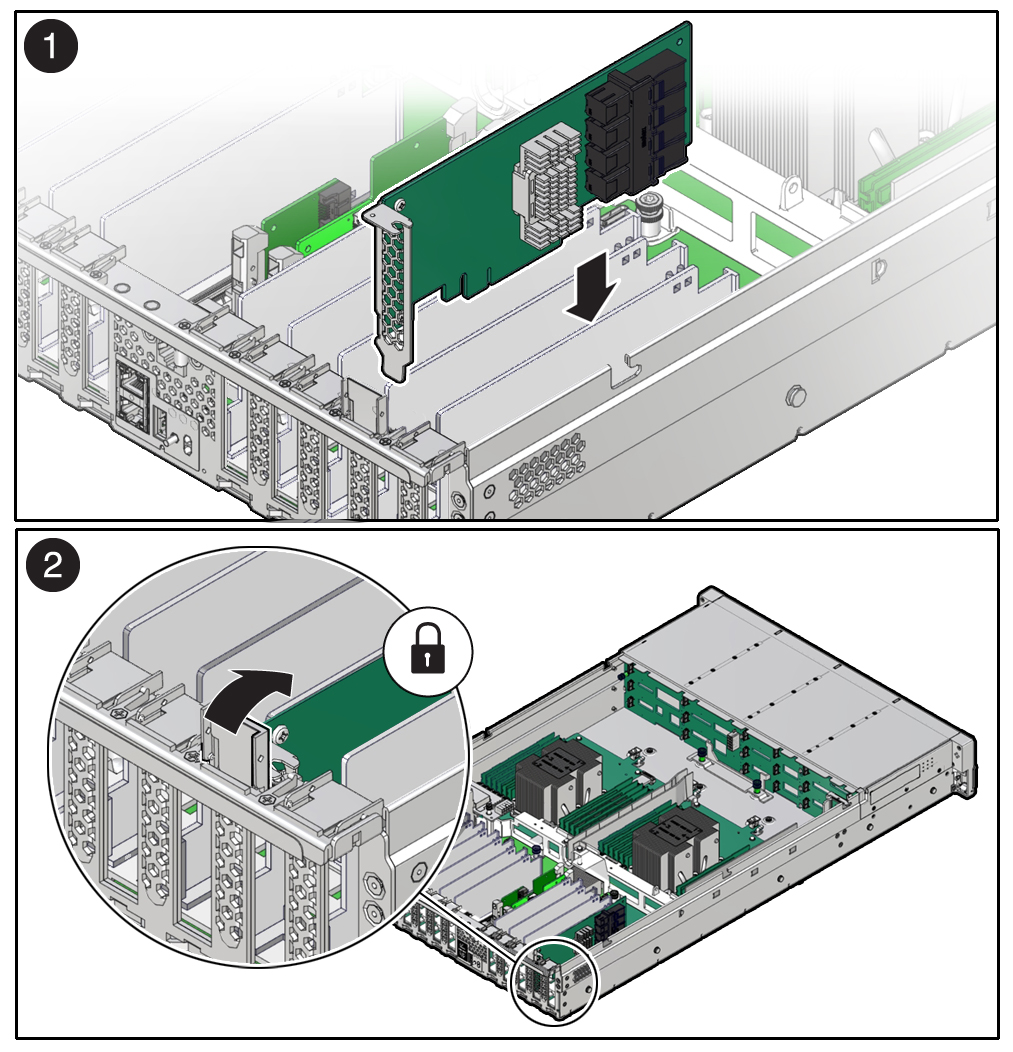 image:Figure showing a PCIe card being installed into the                             server.