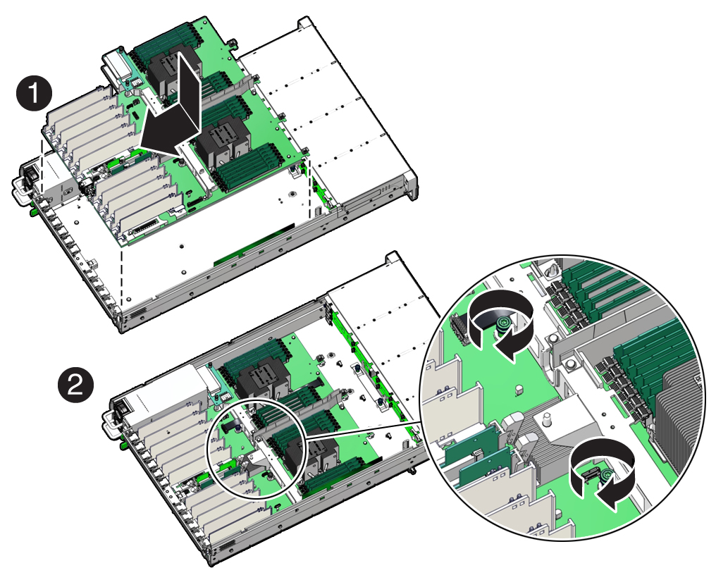 image:Figure showing the motherboard assembly being installed in the                             server.