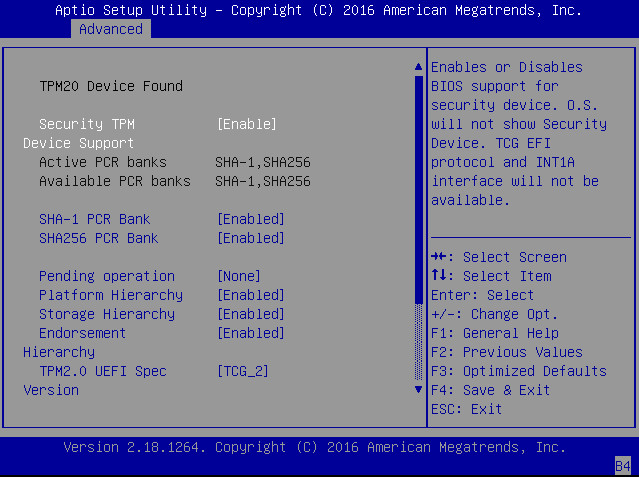 image:This figure shows the Trusted Computing 2.0 Configuration                                 screen with TPM support enabled.