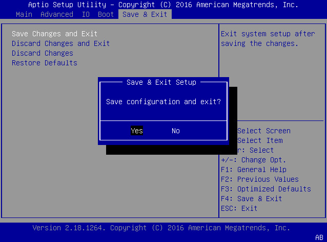 image:This figure shows the settings on the BIOS Save and Exit                                 screen.