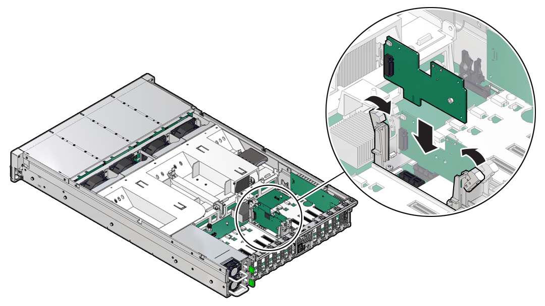 image:Figure showing an M.2 flash riser board being installed                                     into the server.