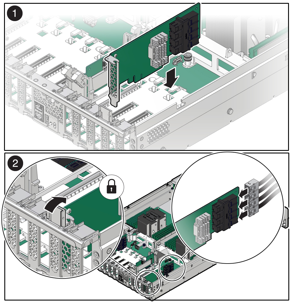 image:Figure showing a PCIe card being installed into the                             server.