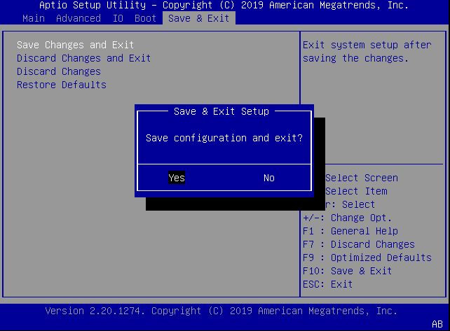 image:This figure shows the settings on the BIOS Save and Exit                                 screen.