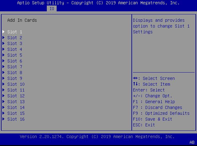 image:This figure shows the Add In Cards screen within the IO                                 Menu.