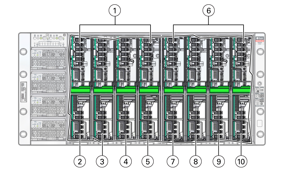 image:An illustration showing the front panel of a eight-CMOD server with all                         fan modules and fan frames removed.