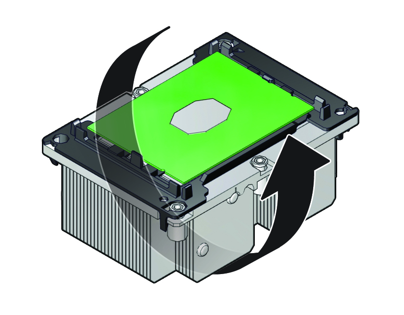 image:Figure showing the processor-heatsink module being                                             flipped over to locate the TIM breaker slot.