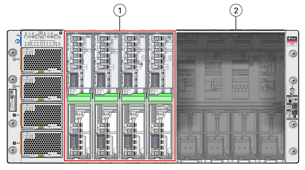 image:Image showing the front of a four-CMOD server with all fan                                 modules and fan frames removed.