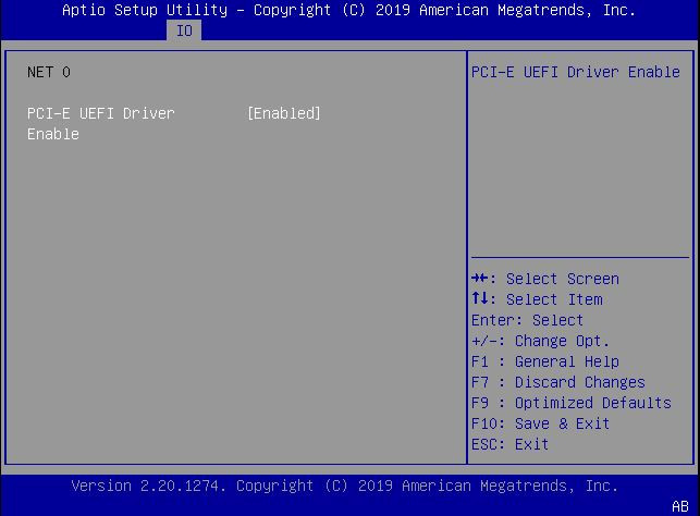 image:This figure shows the BIOS PCI-E UEFI Driver Enable settings                                 within the IO Menu.