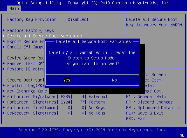 image:This figure shows the Delete all Secure Boot Variables                                         screen within the Security settings Menu.