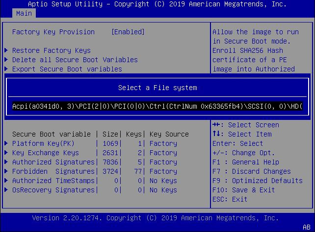 image:This figure shows the Select a File system dialog within the                                 Enroll Efi Image settings Menu.