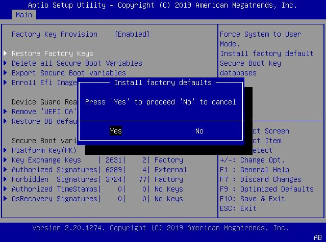 image:This figure shows the Install Factory Default keys                                         screen within the Security settings Menu.