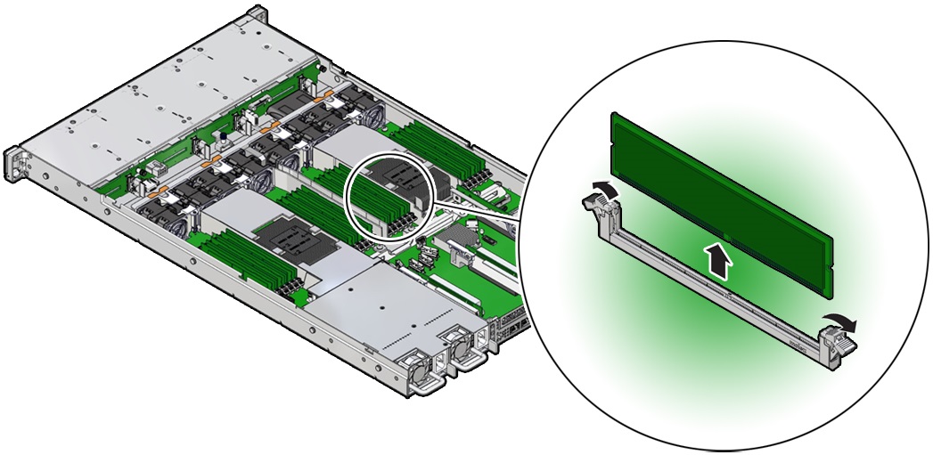 image:Figure showing a memory DIMM being removed from the                                     server.