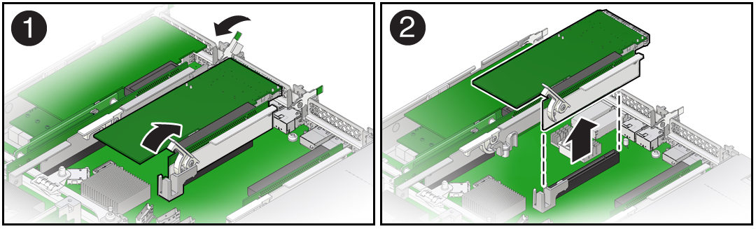 image:Figure showing how to remove a PCIe riser from slots 1 and                             2.