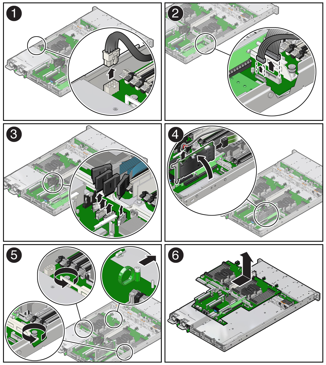 image:Figure showing how to remove the motherboard from the                                     server.