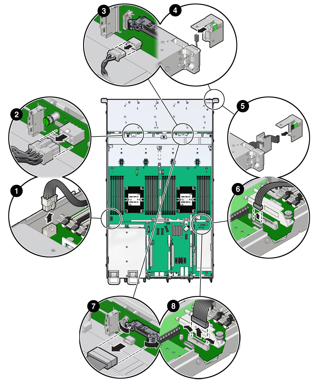 image:Figure showing how to remove the power, FIM, temperature                                     sensor, and disk backplane data cables.