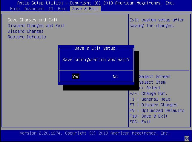 image:This figure shows the settings on the BIOS Save and Exit                                 screen.