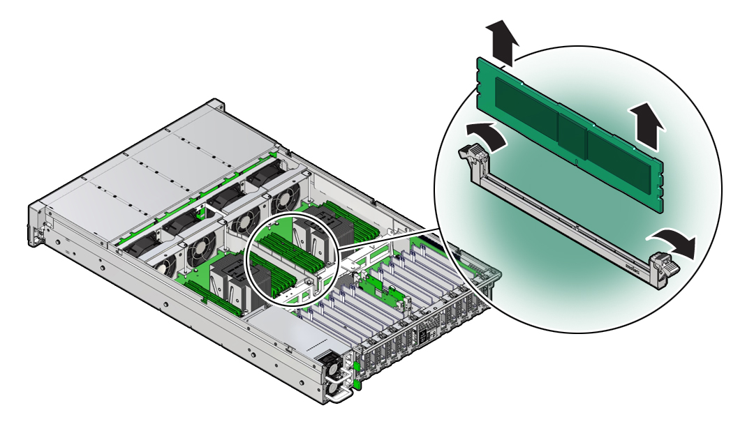 image:Figure showing a memory DIMM being removed from the                                     server.