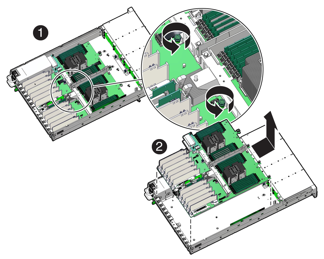 image:Figure showing the motherboard assembly being removed from the                             server.