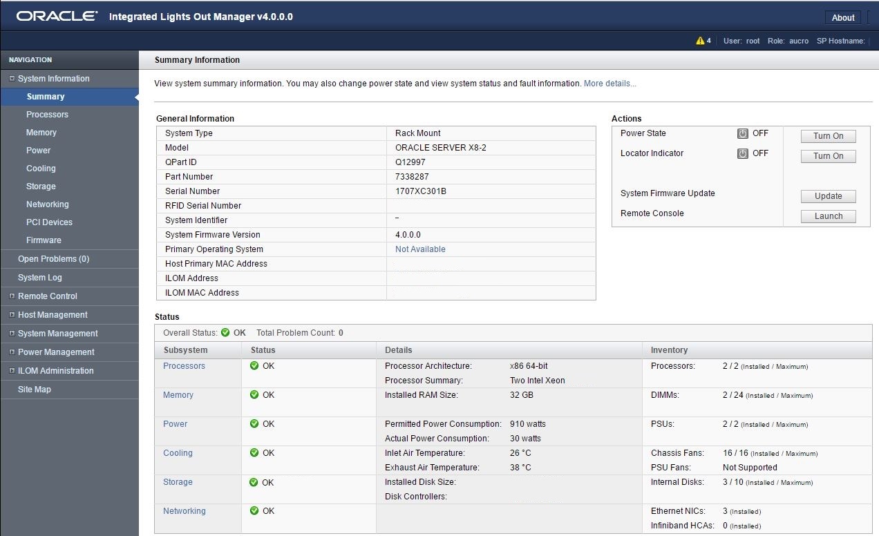 image:Figure showing Oracle ILOM Summary screen.