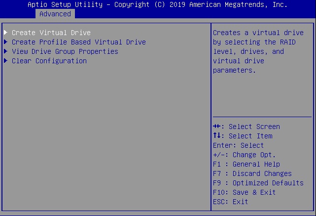image:Screen showing Advanced menu with Create Virtual Drive option                                 selected.