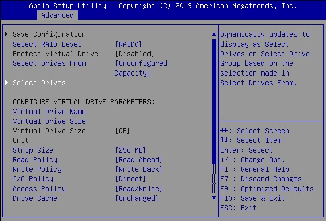 image:Screen showing the Virtual Drive Management menu options with                                 Select Drives highlighted.