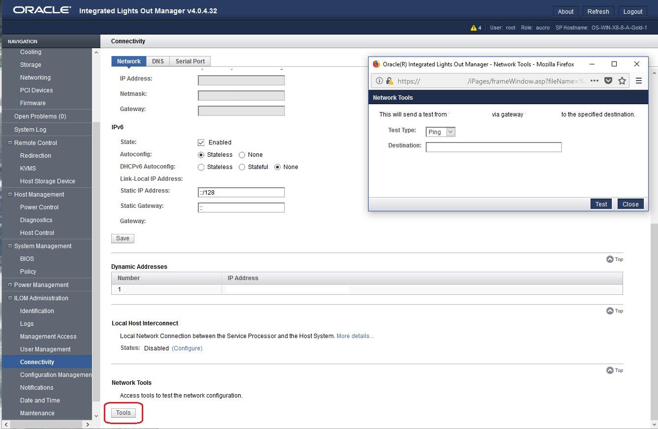 image:Figure showing the Network Configuration Test                                                 screen, from which you can issue a Ping or Ping6                                                 test.