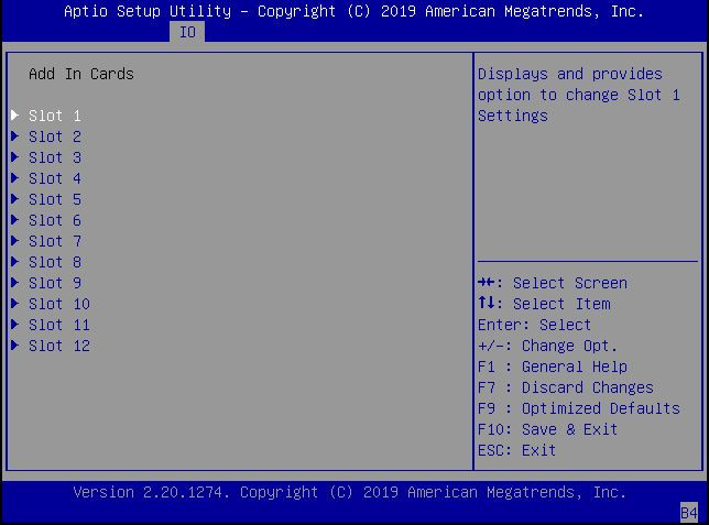 image:This figure shows the Add In Cards screen within the IO
                                Menu.