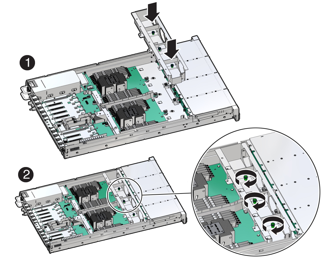 image:Figure showing the fan tray being installed in the
                            server.